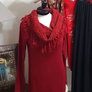 Womens Long sleeve sweater dress with braid fringed front Artistic Cotton Reds